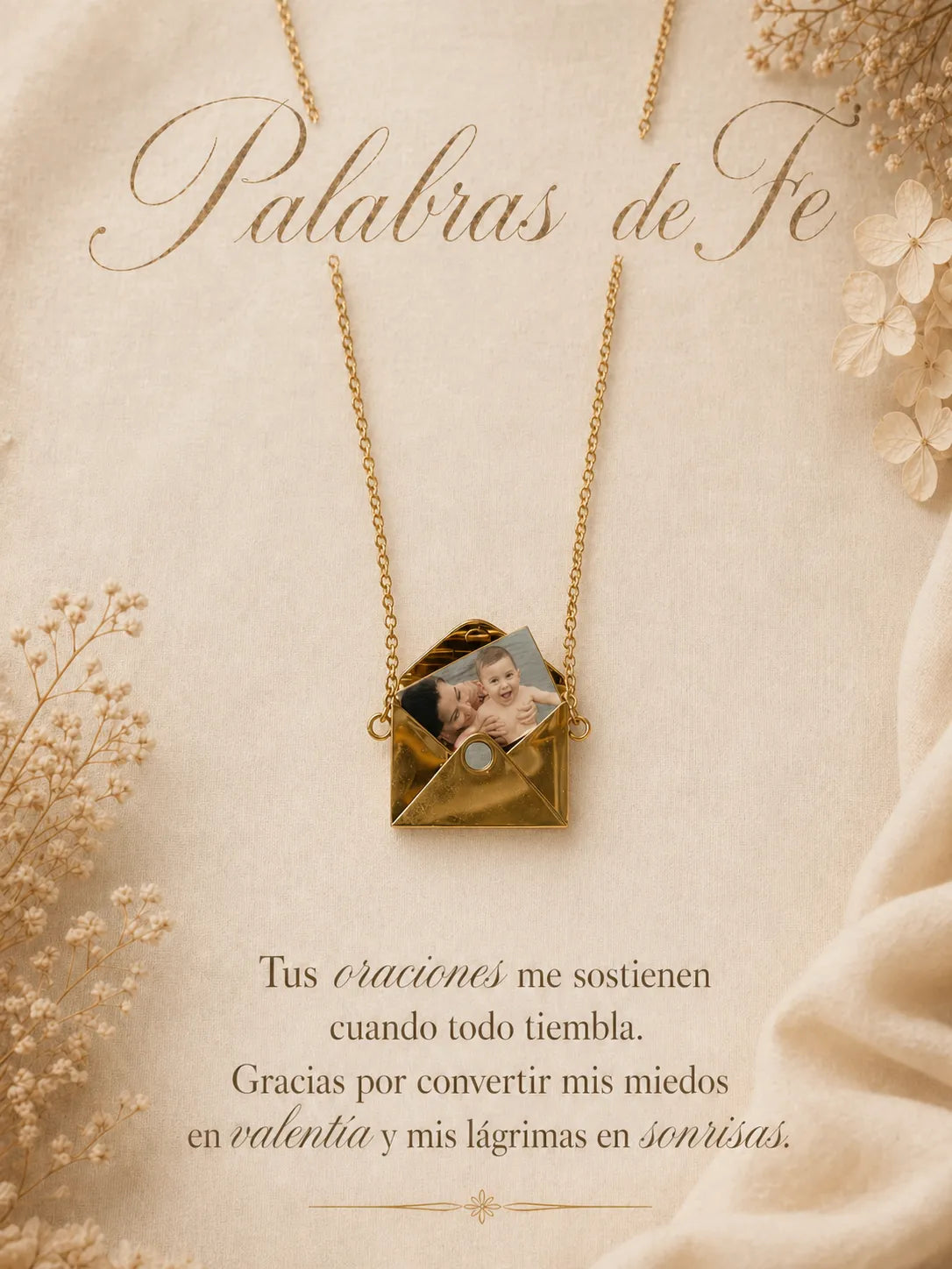 Palabras de Fe - Collar relicario tipo sobre con foto personalizada