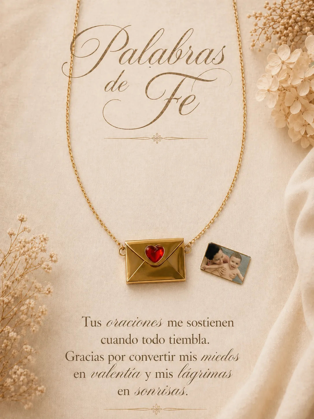 Palabras de Fe - Collar relicario tipo sobre con foto personalizada