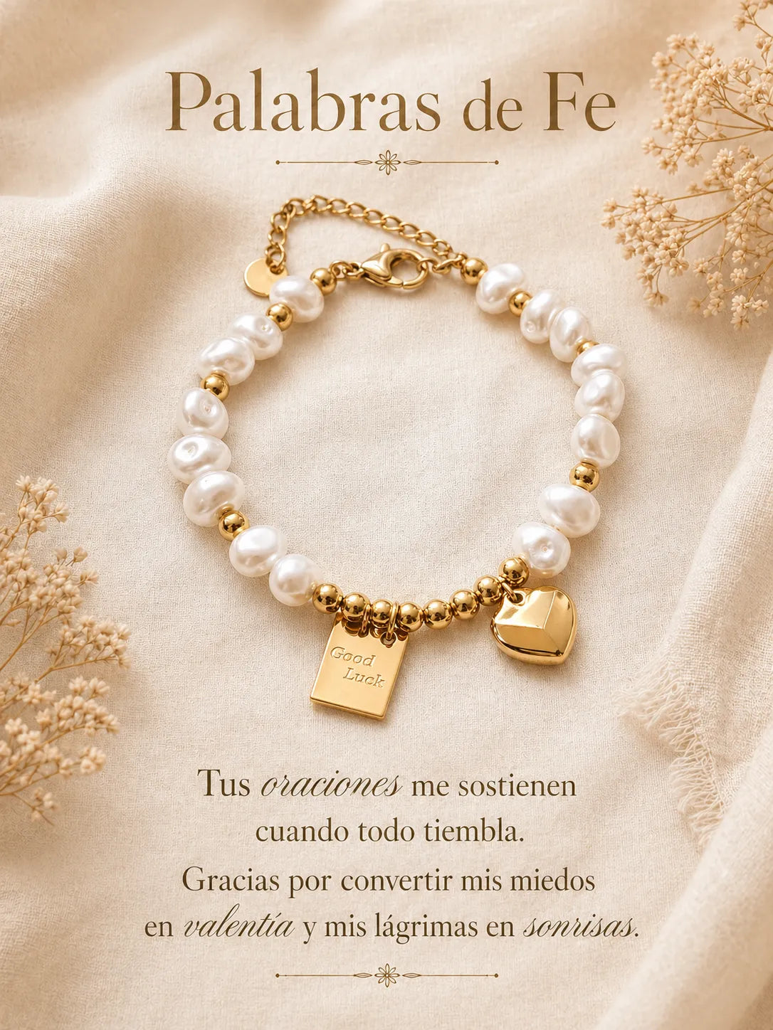 Palabras de Fe – Pulsera de perlas y dijes