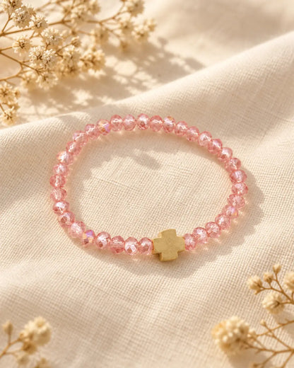 Luz Serena – pulsera rosada completa con cruz dorada