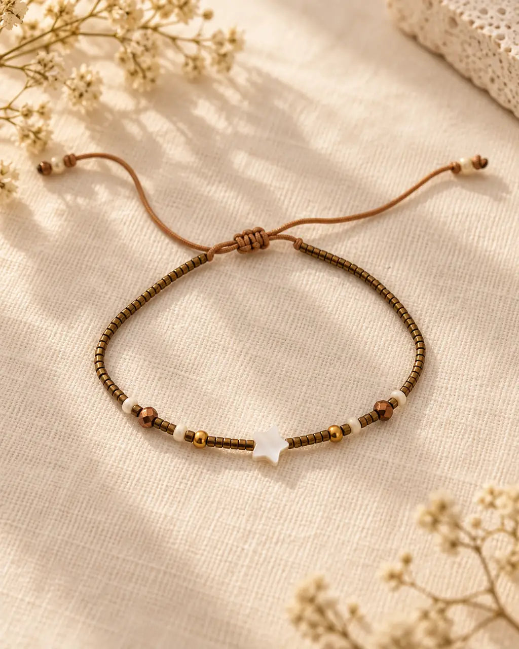 Estrella Serena – pulsera completa con nudo ajustable