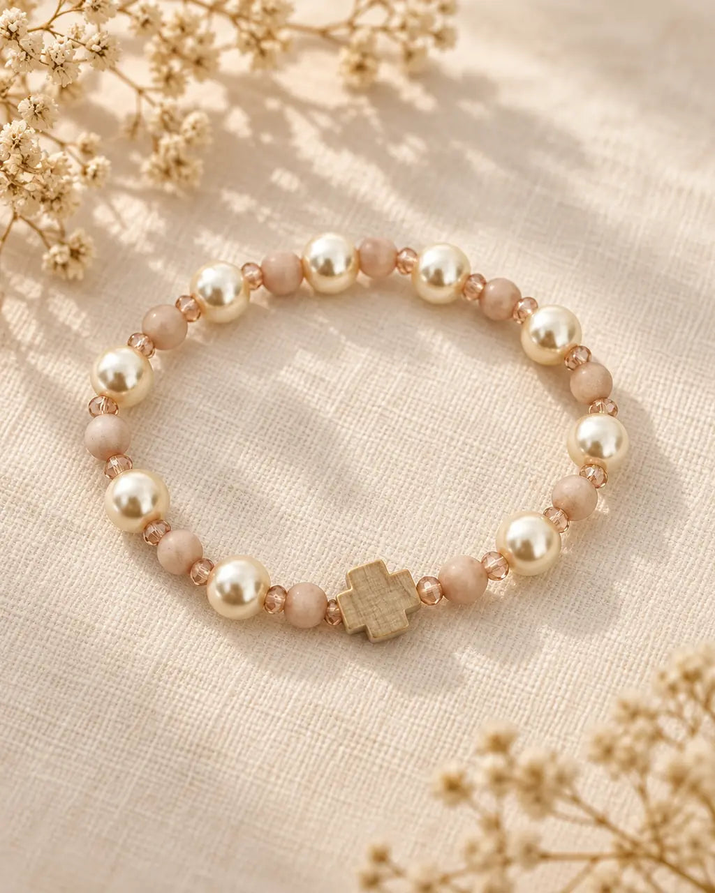 Fe Perla – pulsera elástica completa con cruz