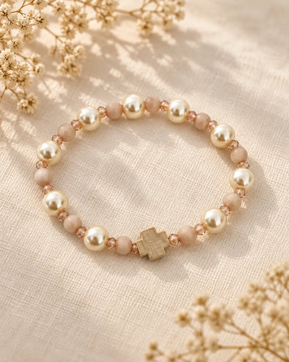 Fe Perla – pulsera elástica completa con cruz