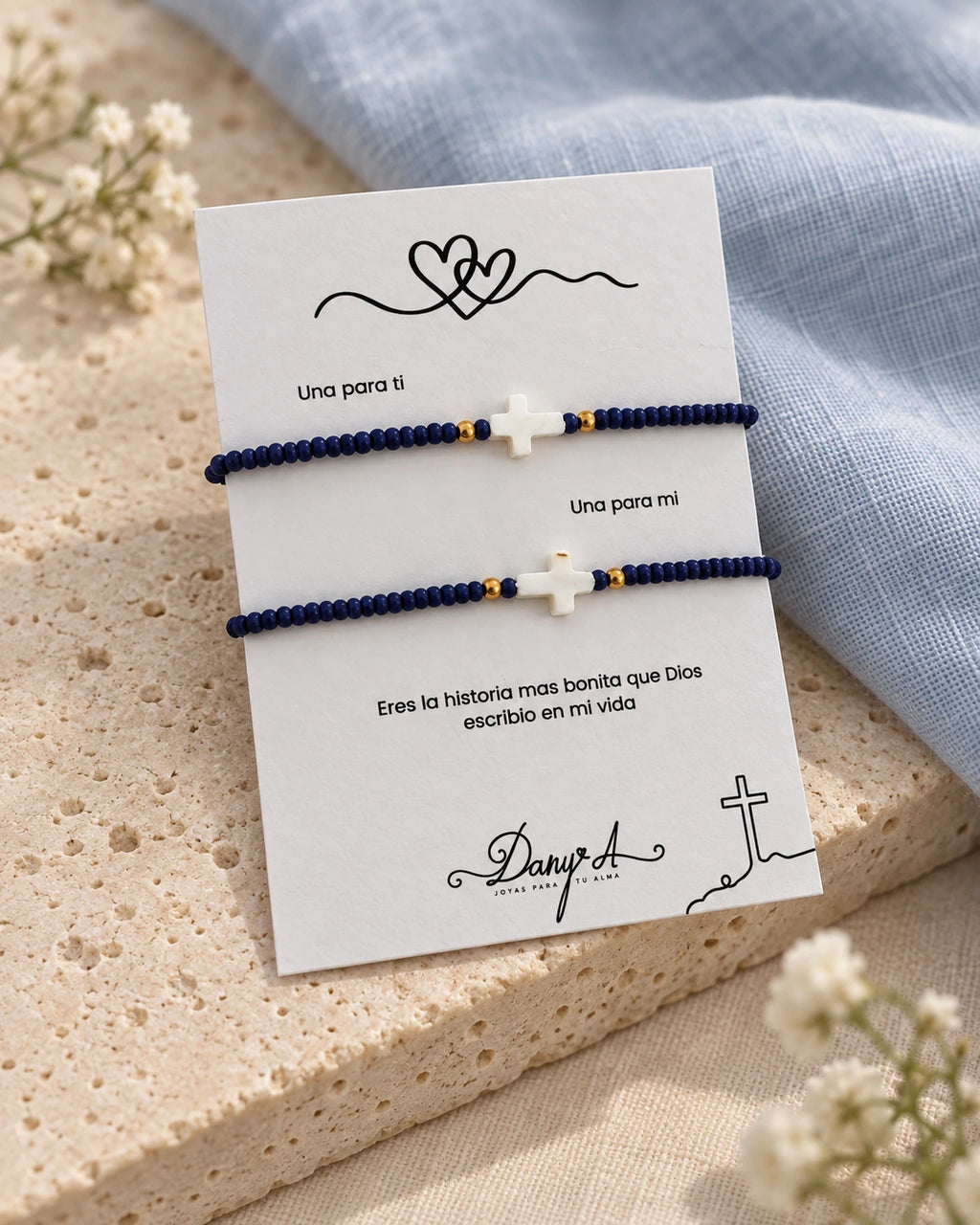 Nuestra Historia Azul – Dúo de pulseras para pareja con cruz de nácar – imagen 7