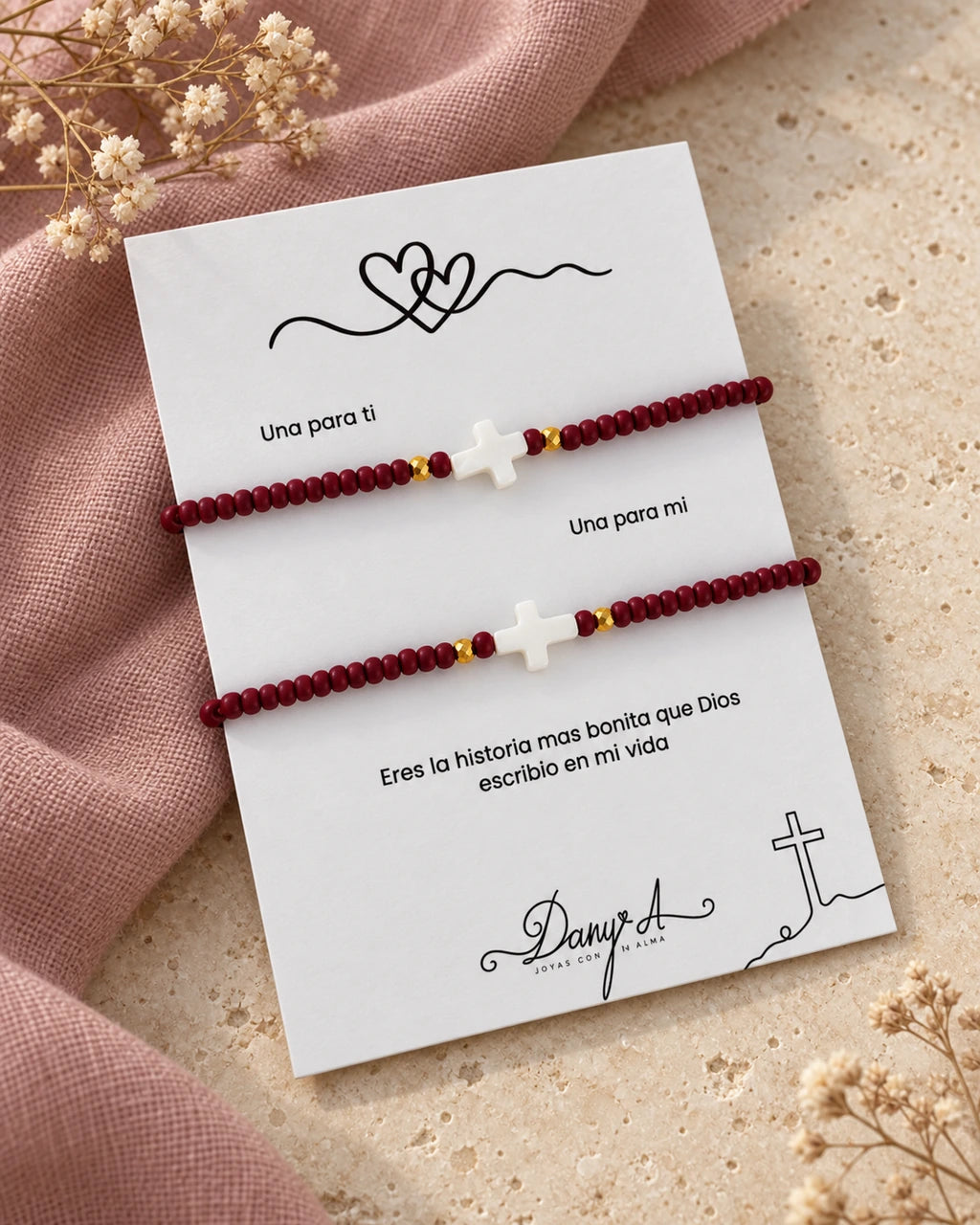 Nuestra Historia Vinotinto – Dúo de pulseras para pareja con cruz de nácar – imagen 7