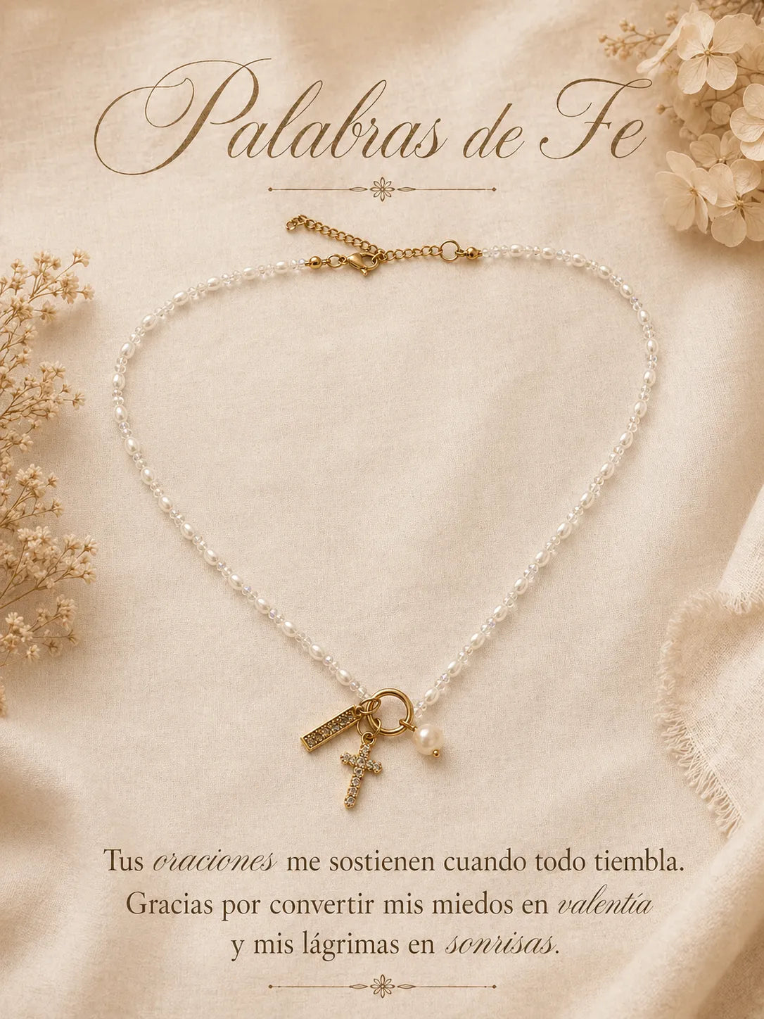 Palabras de Fe – Collar de perlas con cruz