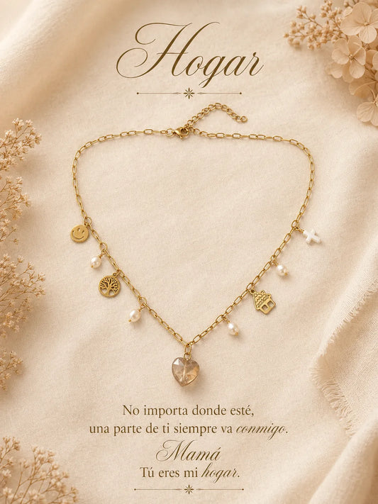 Hogar – Collar con dijes y corazón de cristal