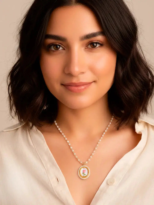 Luz de Jardín – collar perlas y dije en arcilla polimérica