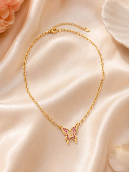 Mariposa Rosa – Collar dorado en acero inoxidable