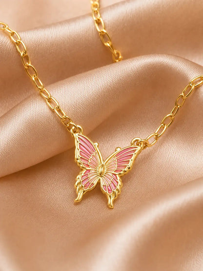 Mariposa Rosa – Collar dorado en acero inoxidable