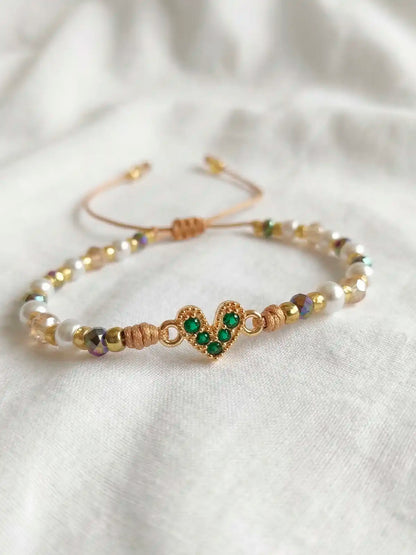 Verde Esperanza – Pulsera con corazón en rodio y circones