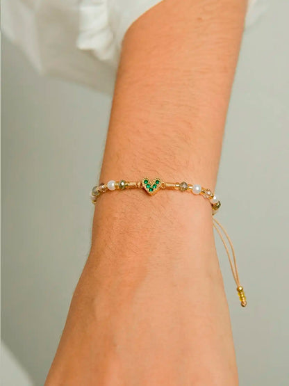 Verde Esperanza – Pulsera con corazón en rodio y circones